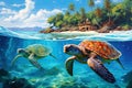 Pacific Paradise Graceful Sea Turtles Sandy Beach Generative AI Royalty Free Stock Photo