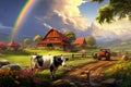 An enchanting painting capturing a farm scene featuring a cow and a tractor amidst picturesque surroundings, A peaceful farm scene Royalty Free Stock Photo