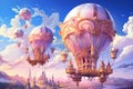 Enchanting Pastel Airship Fleet Gliding Serenely Through the Peach-Colored Cloudscape