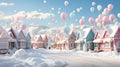 Enchanting Pastel Christmas Cityscape with Floating Balloons