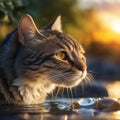 Morning Serenity Capturing a Cat\'s Refreshing Moment with Sunrise Backdrop Royalty Free Stock Photo