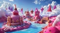 Enchanting pink candy kingdom amidst fluffy clouds. fantasy landscape for children's book illustrations. dreamy