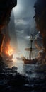 Enchanting Pirate Boat Sailing In Ancient Fantasy Cave Wallpaper