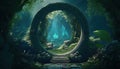 Enchanting portal hidden in lush tropical forest, beckoning to adventure