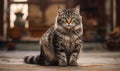 Portrait of a beautiful cat, cute siberian breed of cat. Full body. In a room.