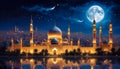 Holy Ramadan night sky with Islamic Mosque and full moon background tranquil city wallpaper Royalty Free Stock Photo