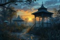 Serene twilight gazebos, offering peaceful refuge in the hour between day and night - Generative AI