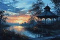 Serene twilight gazebos, offering peaceful refuge in the hour between day and night - Generative AI