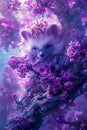 Enchanting Purple Fantasy Forest with a Cute Hedgehog Creature Climbing a Flowering Tree Magical Nature Illustration Royalty Free Stock Photo