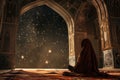 Enchanting Ramadan Nights A Lone Worshipper Under a Star-Filled Sky in a Majestic Mosque