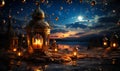 Enchanting Ramadan scene with crescent moon and traditional lantern casting a mystical glow amongst stars and clouds