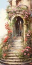 Enchanting Realms: A Dreamy Drawing Of An Exterior Wall With Staircase And Roses