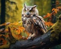 Beautiful owl sitting on a branch in the autumn forest. Wildlife scene.