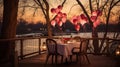 An enchanting riverside dinner with heart balloons gently swaying in the breeze, making for a memorable Valentine\'s Day