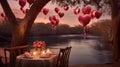 An enchanting riverside dinner with heart balloons gently swaying in the breeze, making for a memorable Valentine\'s Day