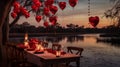 An enchanting riverside dinner with heart balloons gently swaying in the breeze, making for a memorable Valentine\'s Day