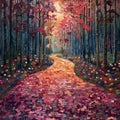 Enchanting Rose Petal Forest Pathway in Vibrant Autumnal Splendor, Generative AI. Royalty Free Stock Photo