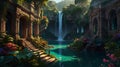 Enchanting Ruins by a Waterfall, Lush Garden Oasis Royalty Free Stock Photo