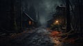 Enchanting Rustic Charm: A Dark Forest Town With Lit Lampposts
