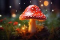 Enchanting scene of glowing mushroom in mystical forest with wizardly background