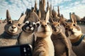 Kangaroos taking selfies in front of a castle