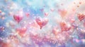 An enchanting scene of jubilation, hearts floating amidst a cascade of soft, pastel colors