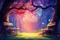 Enchanting scene of a magical forest featuring two benches and lush trees. Perfect for nature, serenity, and fantasy-the