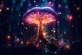 Enchanting scene in magical forest with wizardly background intensifies mystical glow of mushroom Royalty Free Stock Photo