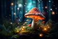 Enchanting scene of mystical glowing mushroom in magical forest with wizardly backdrop