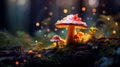 Enchanting scene of a mystical glowing mushroom in a magical forest with a wizardly background
