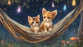 enchanting scene of a puppy and kitten nestled in a hammock, swaying gently