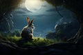 Enchanting scene of a rabbit gazing at a full