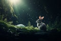 Enchanting scene of a rabbit gazing at a full