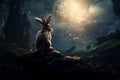 Enchanting scene of a rabbit gazing at a full