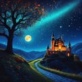 An enchanting scene of a starry summer with cutouts of and a moonlit