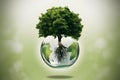 Enchanting scene of a tree growing on a floating globe in the air Royalty Free Stock Photo