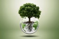 Enchanting scene of a tree growing on a floating globe in the air Royalty Free Stock Photo