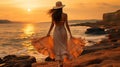 beautiful and attractive woman walking along the shoreline on the beach wearing a summer dress dance with sea breeze at sunset Royalty Free Stock Photo