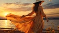 beautiful and attractive woman walking along the shoreline on the beach wearing a summer dress dance with sea breeze at sunset Royalty Free Stock Photo