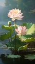 Two prominent lotus flowers rise above the water, with a soft-focus background featuring additional lotuses and broad green leaves Royalty Free Stock Photo