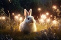 Enchanting scene of a white rabbit surrounded by