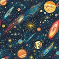 Enchanting Seamless Cosmic Pattern with Hand-Drawn Planets and Stars for Stellar Design Projects and Apparel Royalty Free Stock Photo