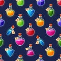 Enchanting Seamless Pattern Featuring Variety Of Magic Potion Bottles. Perfect For Adding A Touch Of Whimsy And Mystique