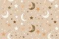 Enchanting seamless pattern with moons, stars, and dots in a warm, neutral palette is perfect for children's