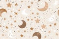 Enchanting seamless pattern with moons, stars, and dots in a warm, neutral palette is perfect for children's