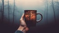 Enchanting Serenity: Handcrafted Coffee Mug Amidst a Foggy Forest