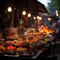At a traditional night bazaar in Ayutthaya, The bazaar is illuminated with colorful lanterns and traditional Thai decorations