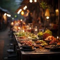 At a traditional night bazaar in Ayutthaya, The bazaar is illuminated with colorful lanterns and traditional Thai decorations