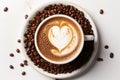 above top view of cup of love latte art coffee surrounded by raw coffee beans on white background