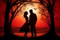 Silhouettes of Couple Amidst Majestic Trees and Mesmerizing Sunset. Valentine Day Concept